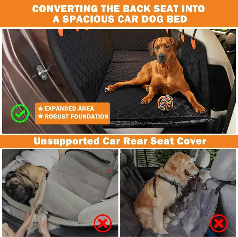 Hard Bottom 6-In-1 Dog Back Seat Cover , Waterproof Mesh Window, Non-Slip for Cars, Trucks and Suvs +FREE Car Backseat Dog Bed + FREE Dog Safety Belt