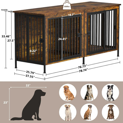 78 Inch Dog Crate Furniture for 2 Dogs, Extra Large Double Dog Cage Large Breed, XXL Thick Wooden Dog Crate TV Stand, Sturdy Dog Kennel with Divider