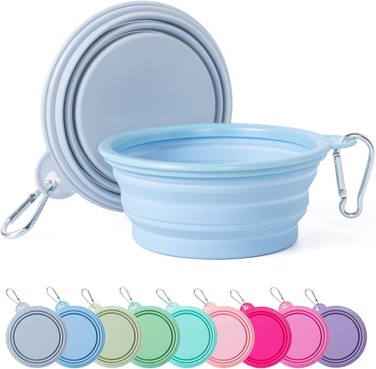 Collapsible Dog Bowl, 2Pack Macaron Color Pet Travel Bowls Silicone Foldable Water Feeder Dish for Small to Large Dogs Cat Walking Hiking Camping (Macaron Blue and Light Grey, Small)