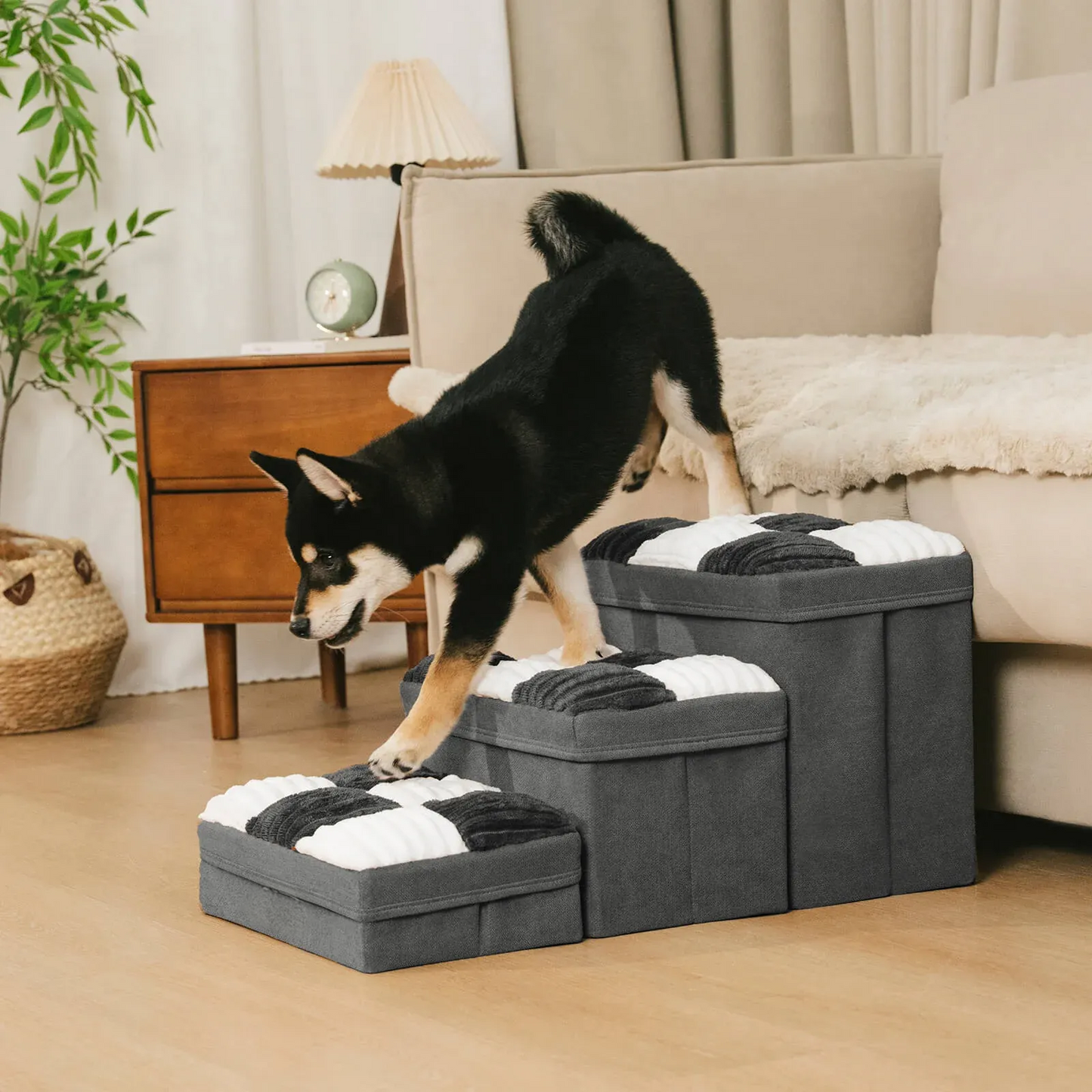 Detachable Chessboard Plaid Handcrafted Dog Stairs with Storage - Foldable Steps